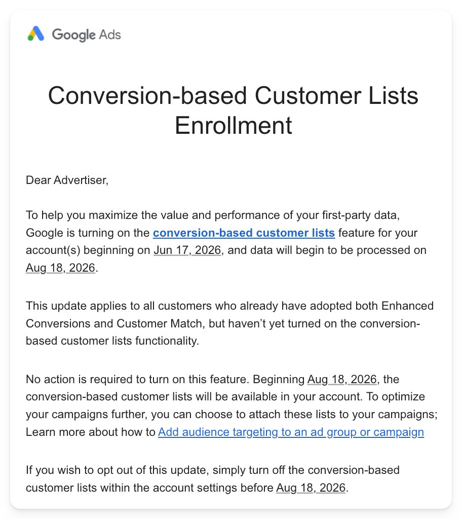 AI Marketing Brief: Google Ads automatically enrols advertisers in conversion-based customer lists